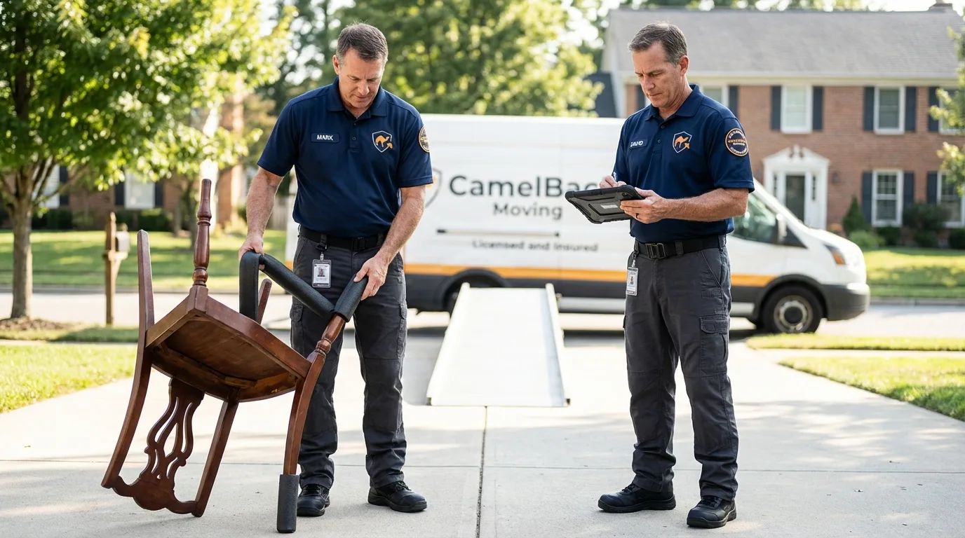 Movers inspecting furniture for damage prevention before loading in Des Plaines, IL