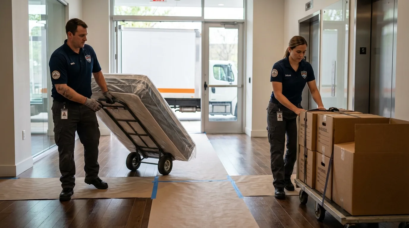 Professional apartment movers loading elevator in Des Plaines, IL